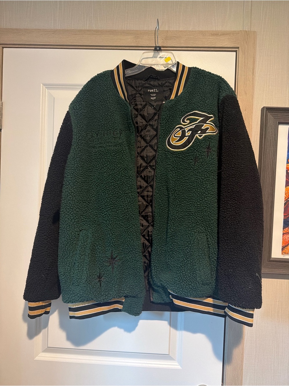 Rue21 Green and Black Sherpa Bomber Jacket with Gold Trim